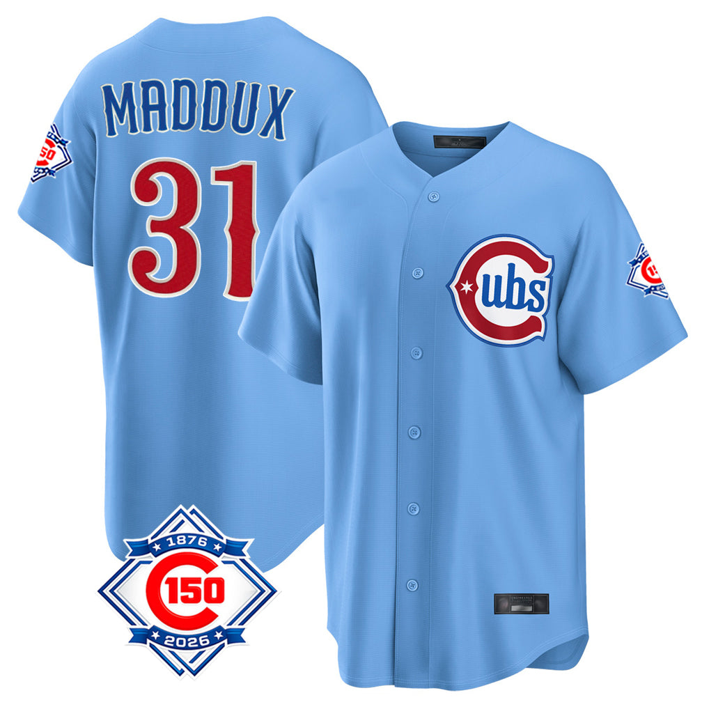 Chicago Cubs #31 Greg Maddux Player Light Blue Fotopoulosg 150th Anniversary Home Game Stitched Jerseys