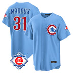 Chicago Cubs #31 Greg Maddux Player Light Blue Fotopoulosg 150th Anniversary Home Game Stitched Jerseys