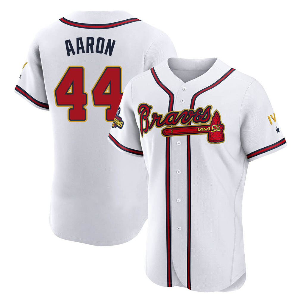 Atlanta Braves #44 Hank Aaron Player White Gold Fotopoulosg Limited Elite Home Game Stitched Jerseys