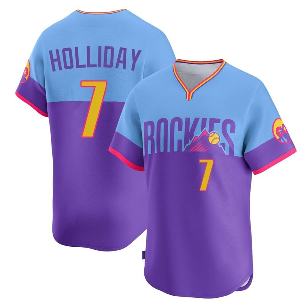 Colorado Rockies #7 Matt Holliday Player Purple-Light Blue Fotopoulosg City Connect Limited Home T-shirt Stitched Jerseys