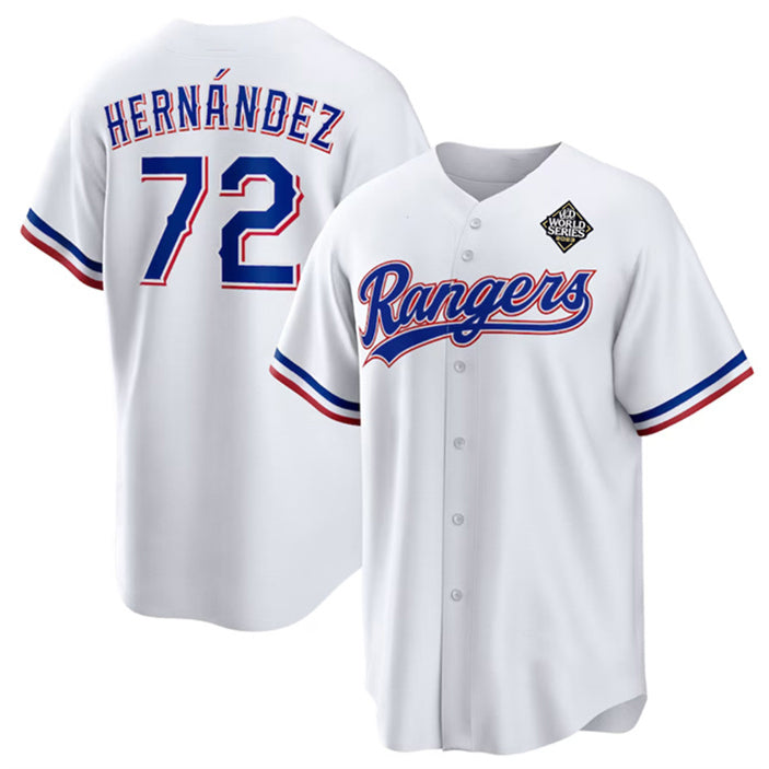 Texas Rangers #72 Jonathan Hern¨¢ndez White Fotopoulosg 2023 World Series Stitched Jersey